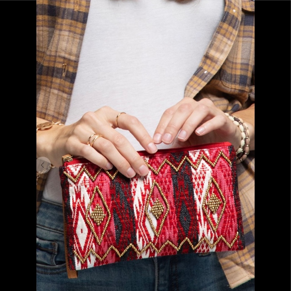Handmade patterned clutch.